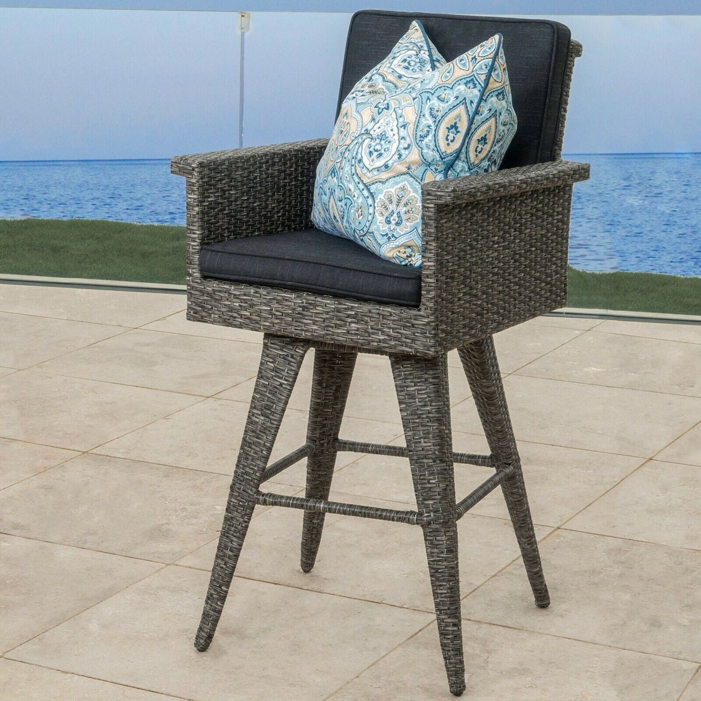 Outdoor Rattan Swivel Barstool And Black Cushion