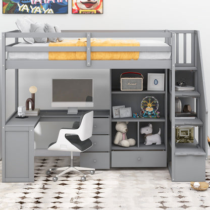 Loft bed with L-shaped desk, drawers, cabinet and storage staircase in gray by HouseOfZazla on Tampa Home & Garden Store