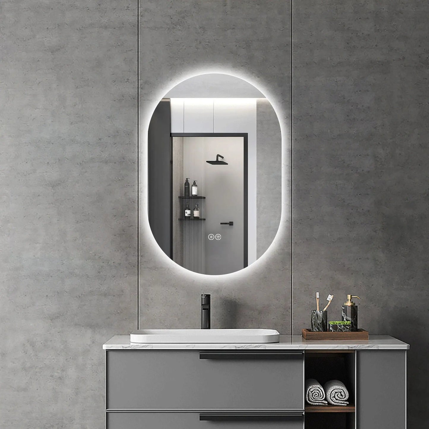 Wall-mounted LED oval mirror with anti-fog and adjustable lighting UniquePieceFurniture on Tampa Home & Garden Store