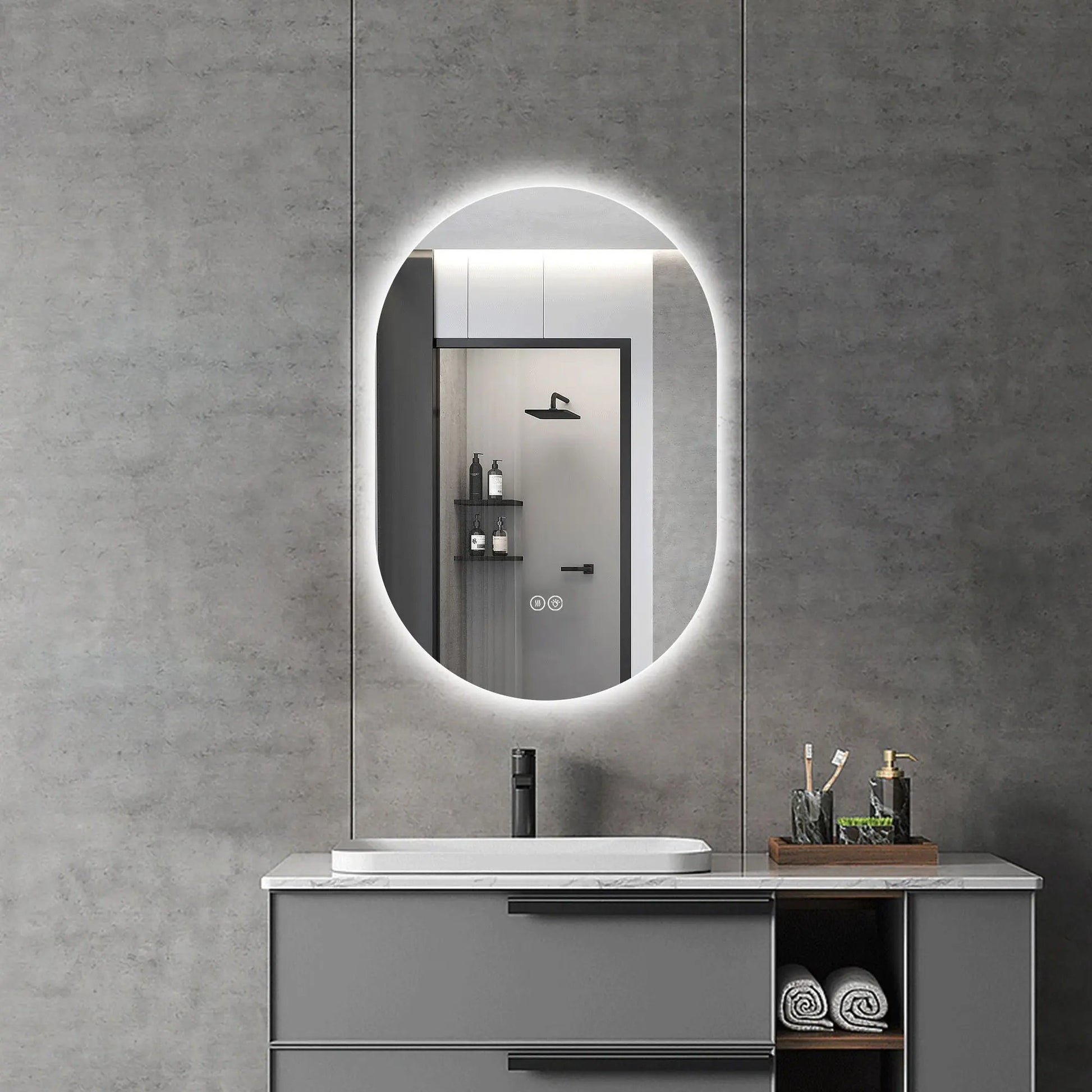 Wall-mounted LED oval mirror with anti-fog and adjustable lighting UniquePieceFurniture on Tampa Home & Garden Store