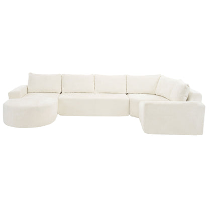 Modular Cloud Sectional Sofa Set ivory fabric deep seats U-shaped with round ottoman HouseOfZazla on Tampa Home & Garden Store