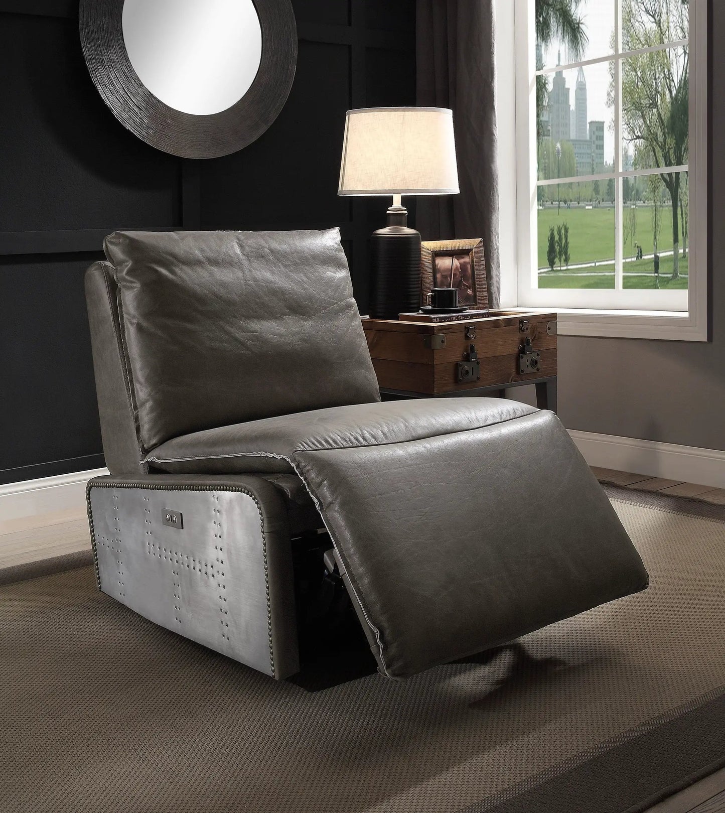 Metier power motion recliner gray leather with aluminum base on Tampa Home & Garden Store
