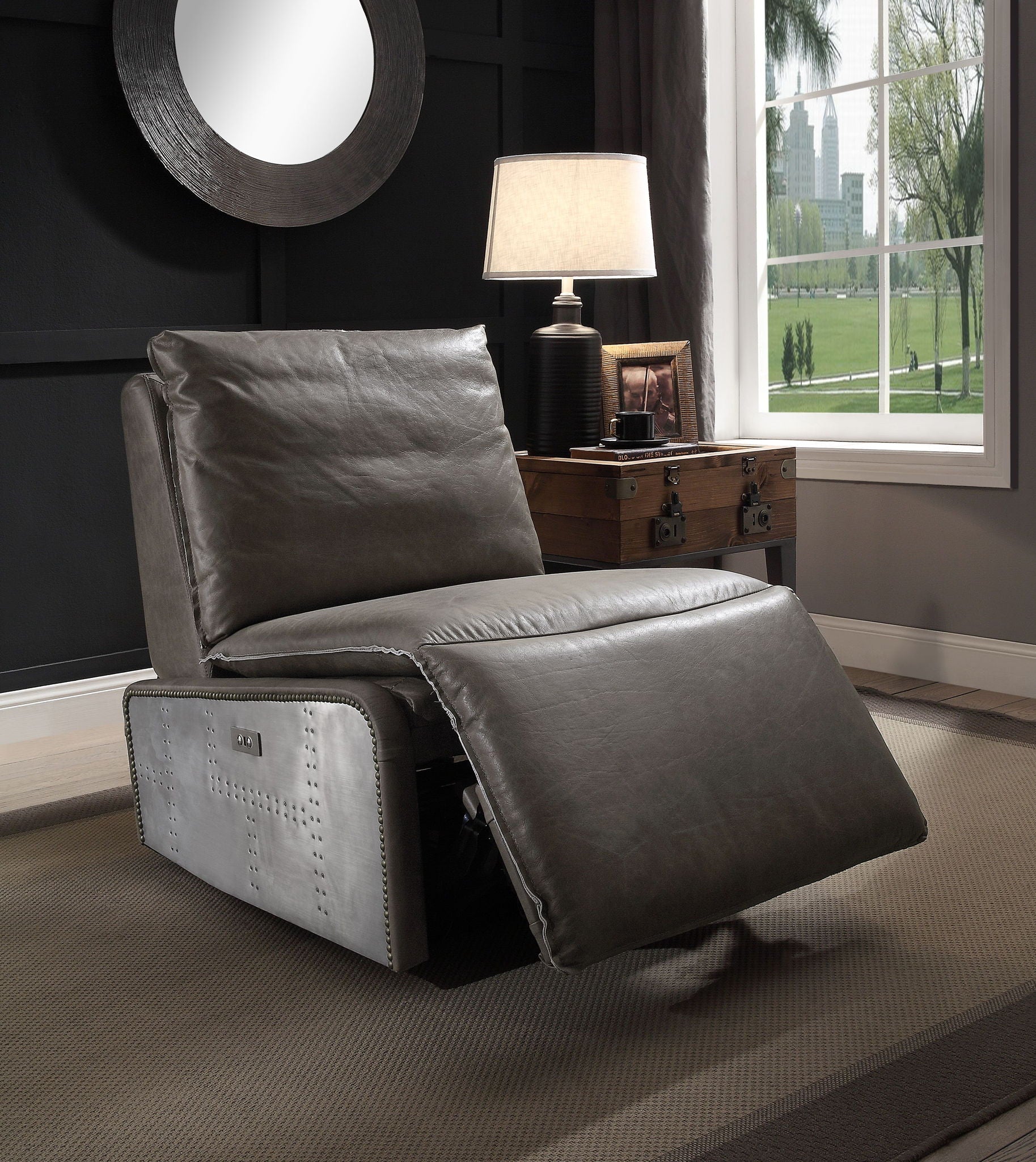 Metier Power Motion Recliner by HouseOfZazla in gray leather with aluminum base on Tampa Home & Garden Store