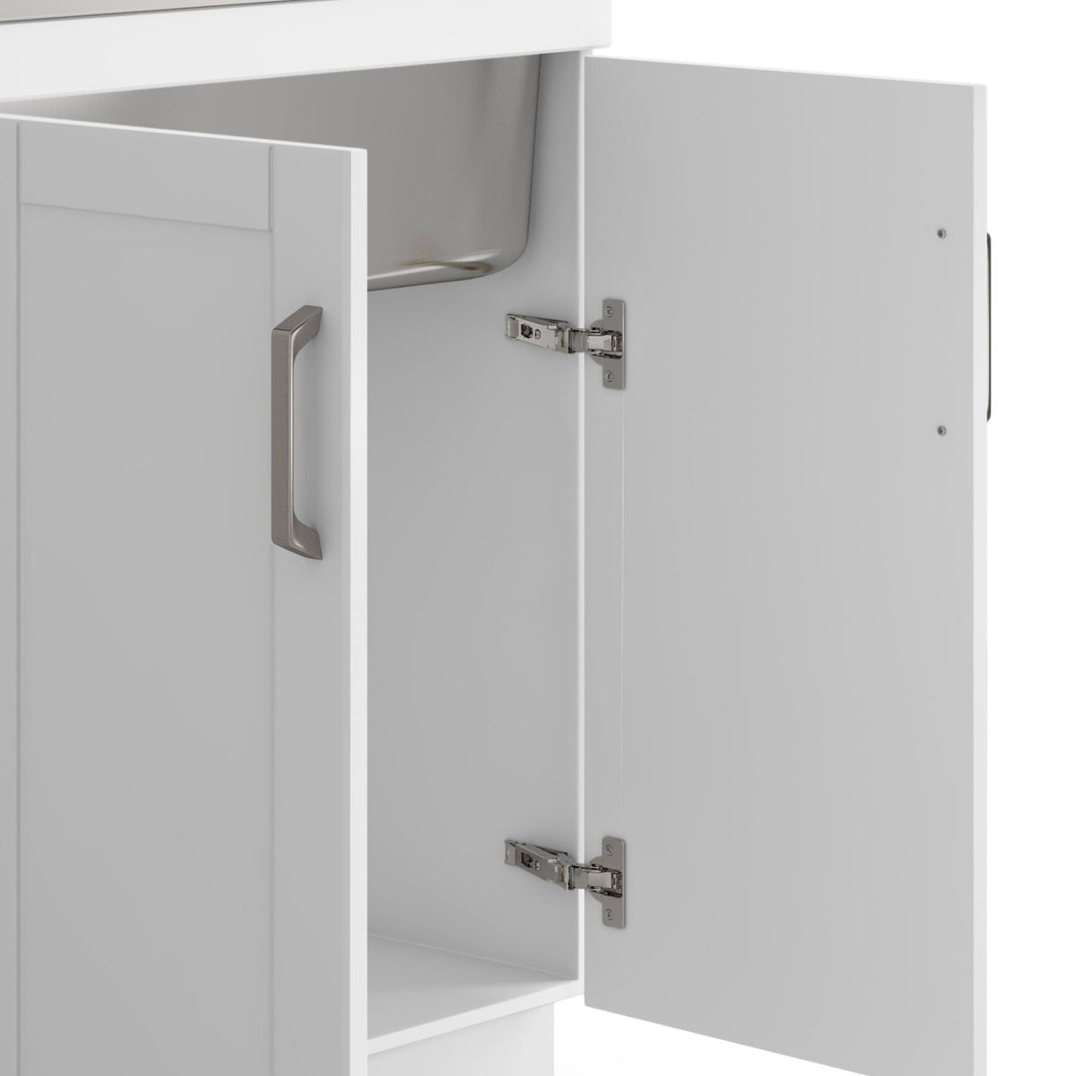 White laundry cabinet vanity with stainless steel sink, interior storage and brushed metal handle on Tampa Home & Garden Store