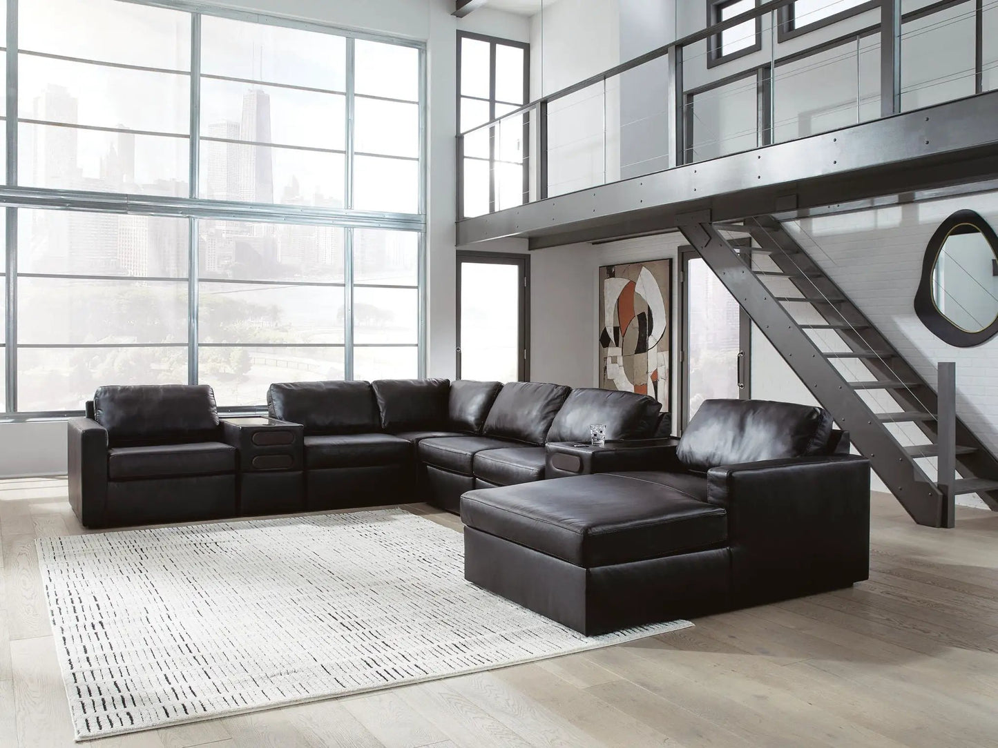ModMax II Sectional by Unique Piece Furniture in black leather, L-shaped stationary sofa on Tampa Home & Garden Store