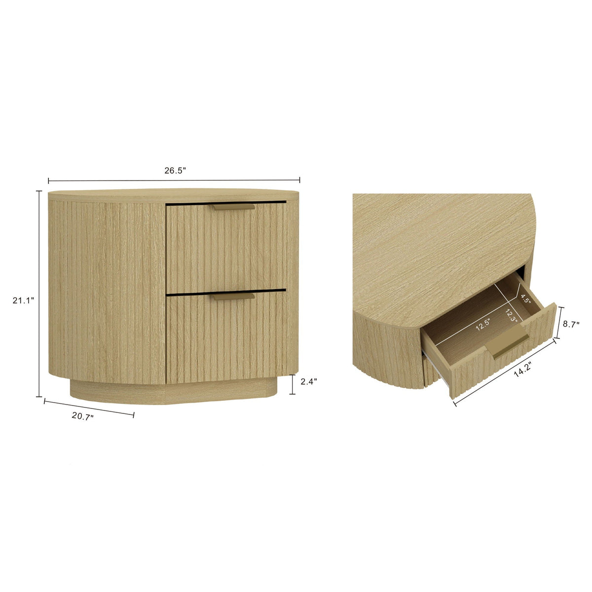 Oak nightstand with ribbed texture and two drawers, natural oak, HouseOfZazla, on Tampa Home & Garden Store