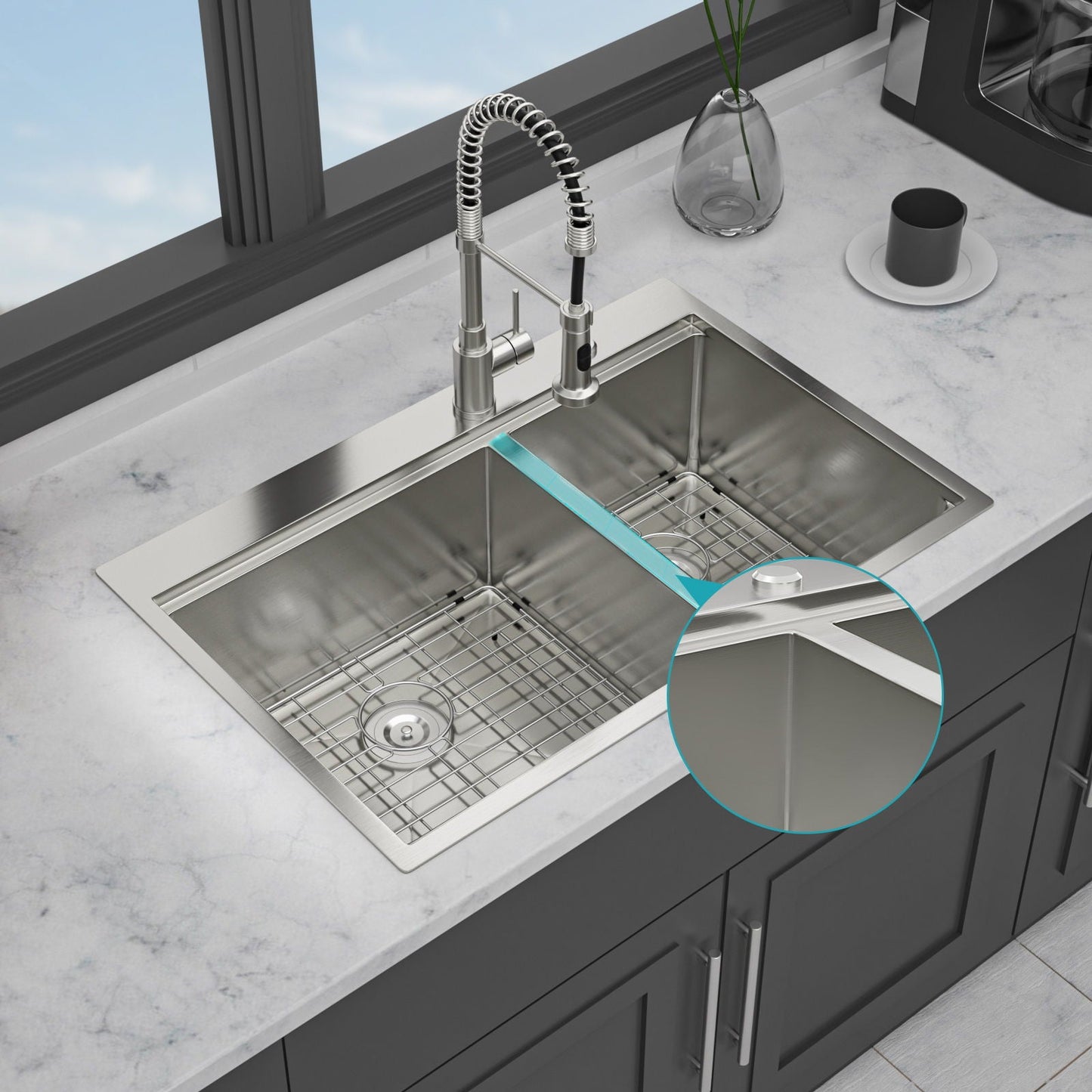 Top Mount Drop In Double Bowl Kitchen Sink With A