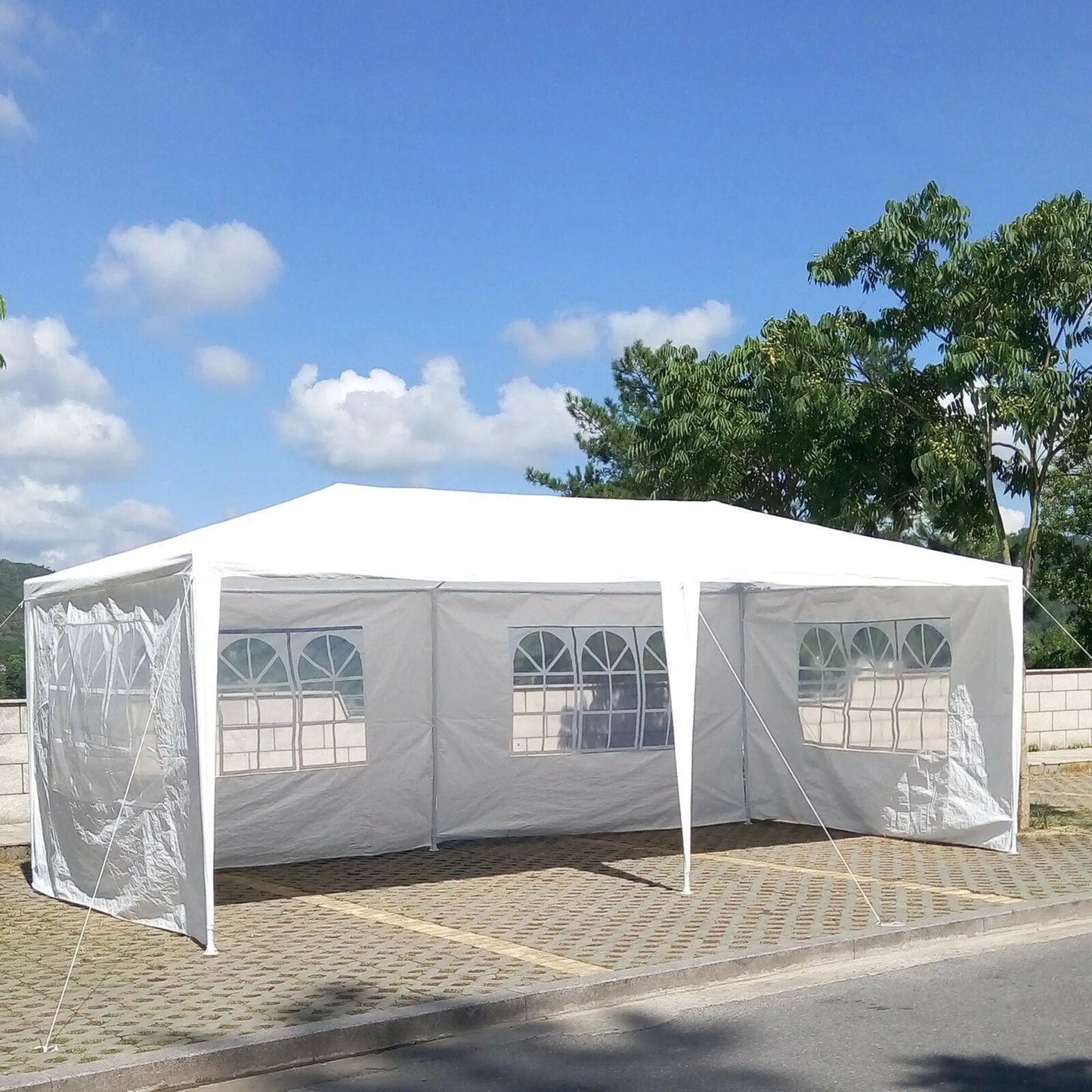 White wedding canopy tent outdoor gazebo with 6 removable sidewalls and arched window panels on Tampa Home & Garden Store