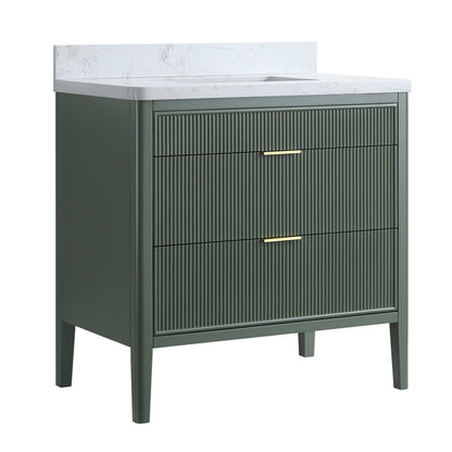 36 Inch solid wood bathroom vanity in grey with marble top, ribbed drawers, gold hardware on Tampa Home & Garden Store