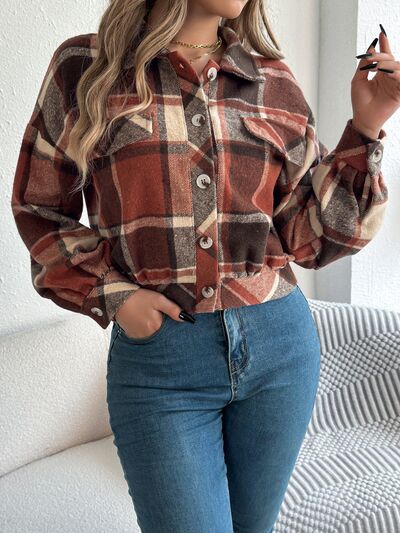 Stevvex women's cropped plaid button-up jacket, cozy rust-brown cream plaid with front buttons on Tampa Home & Garden Store