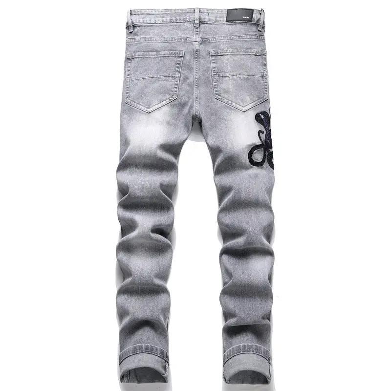 Men's gray denim jeans with cobra embroidery on right thigh and faded patches FLIPSTYLEZLLC on Tampa Home & Garden Store