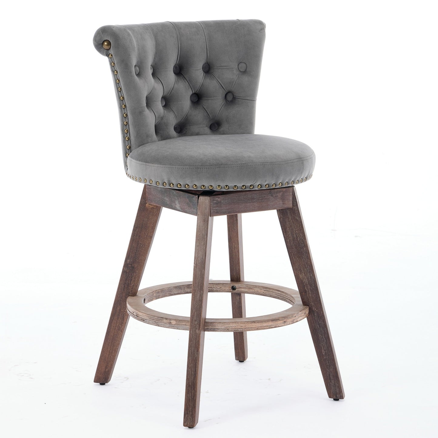 Gray velvet tufted counter-height bar stool with brass nailhead trim and wooden base on Tampa Home & Garden Store
