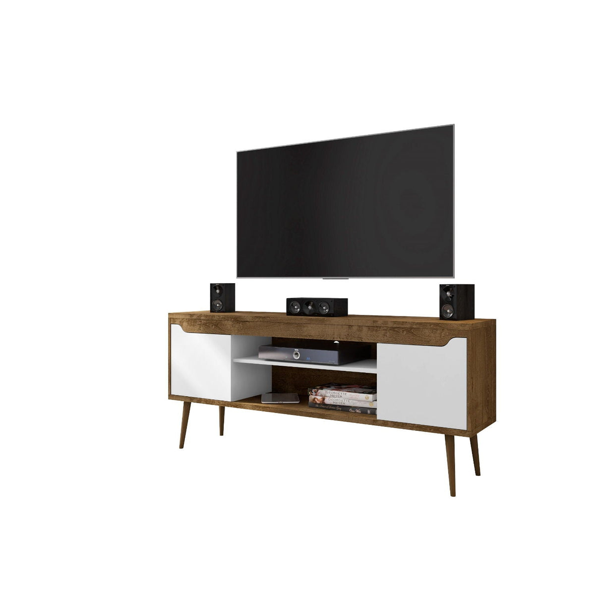 Modern Design TV Stand with Concealed Storage by HouseOfZazla, wood finish with white doors on Tampa Home & Garden Store
