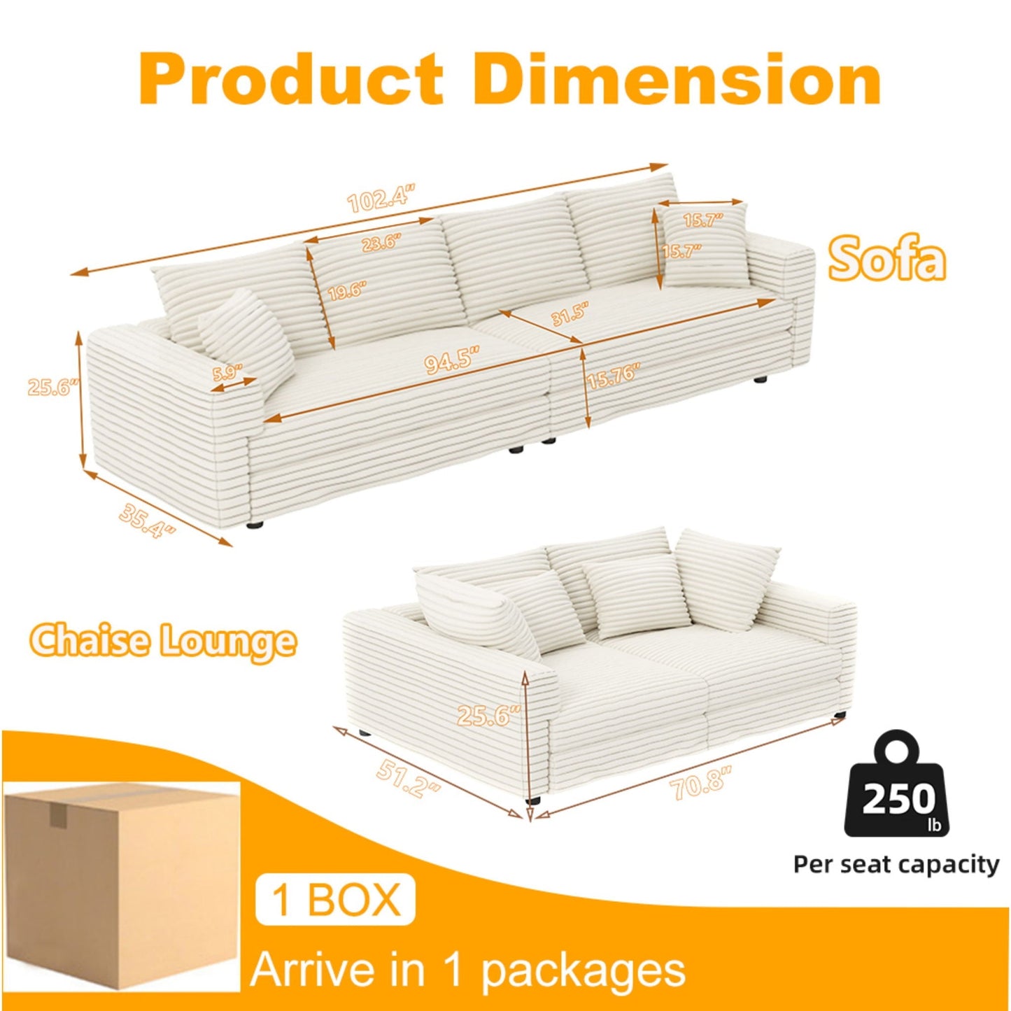 4 Seat Modern Comfy Upholstered Sofa Cloud Couch cream striped fabric HouseOfZazla on Tampa Home & Garden Store