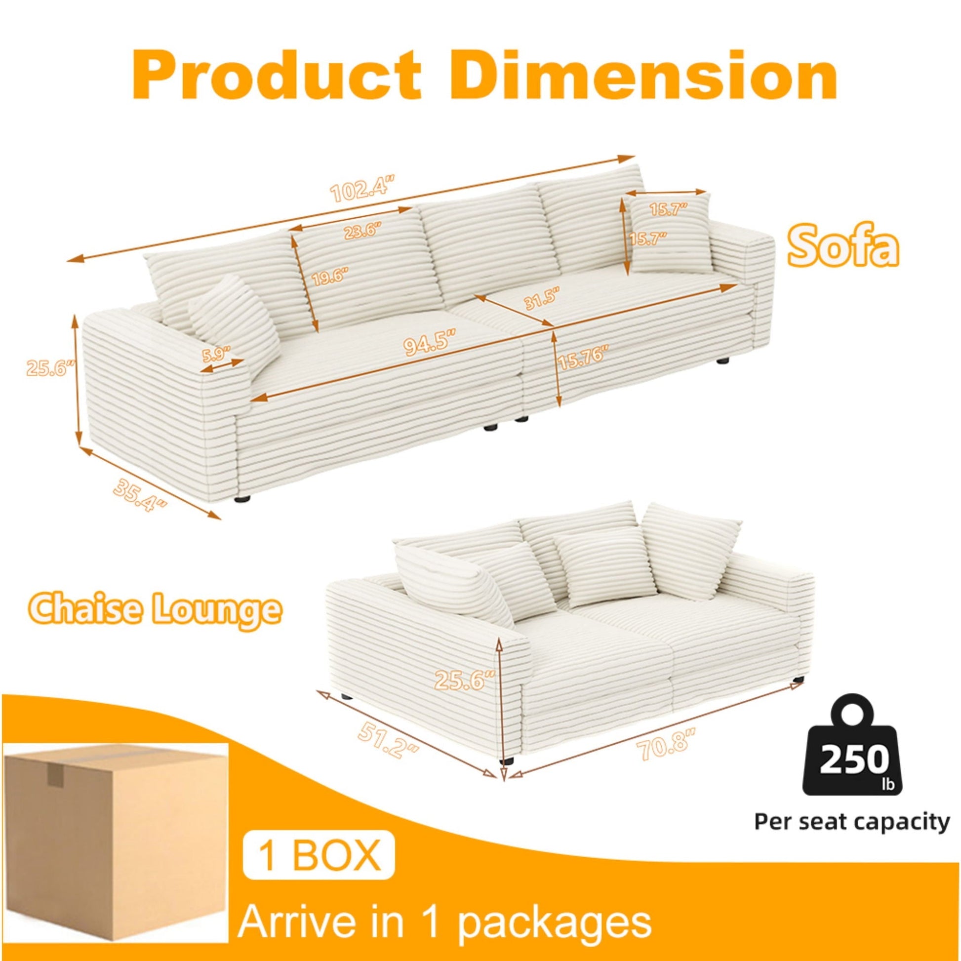 4 Seat Modern Comfy Upholstered Sofa Cloud Couch cream striped fabric HouseOfZazla on Tampa Home & Garden Store