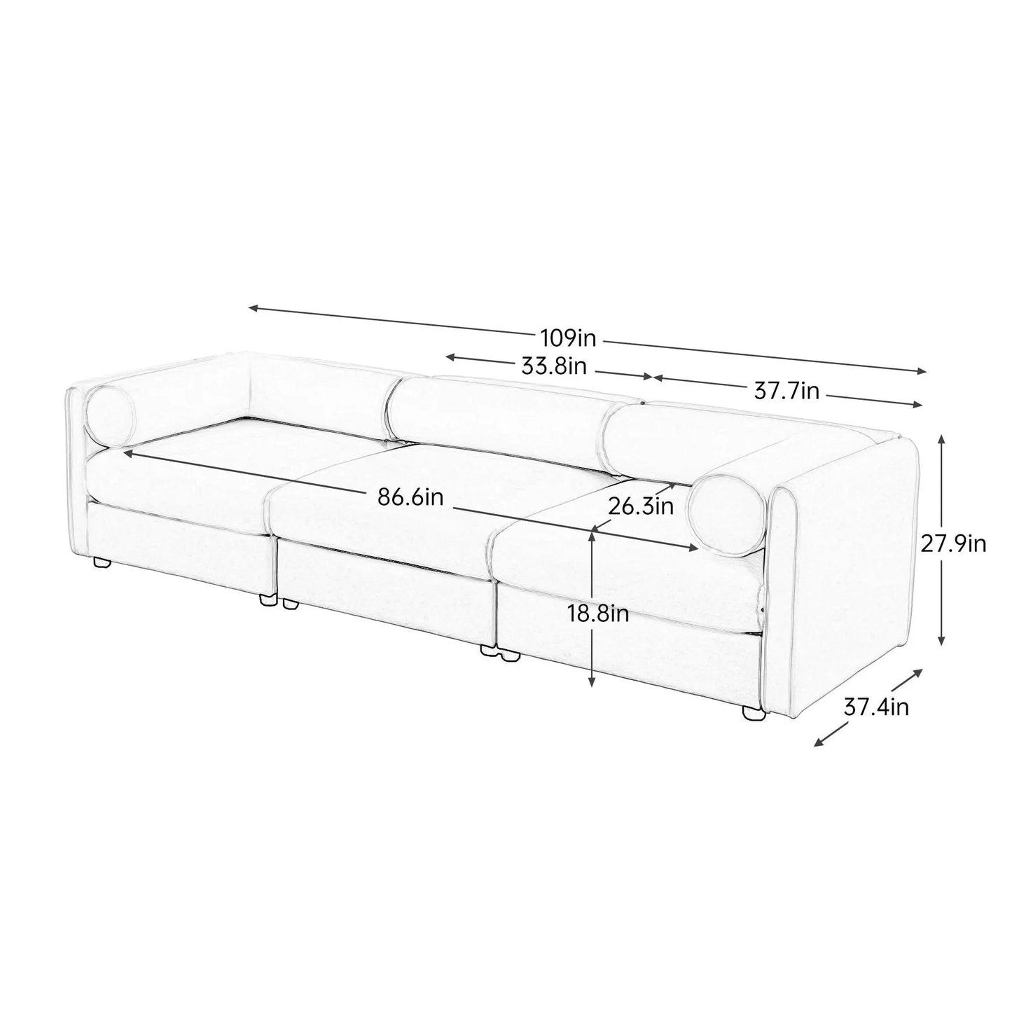 Stylish sofa with storage seat and cylindrical backrest, dimensioned diagram on Tampa Home & Garden Store