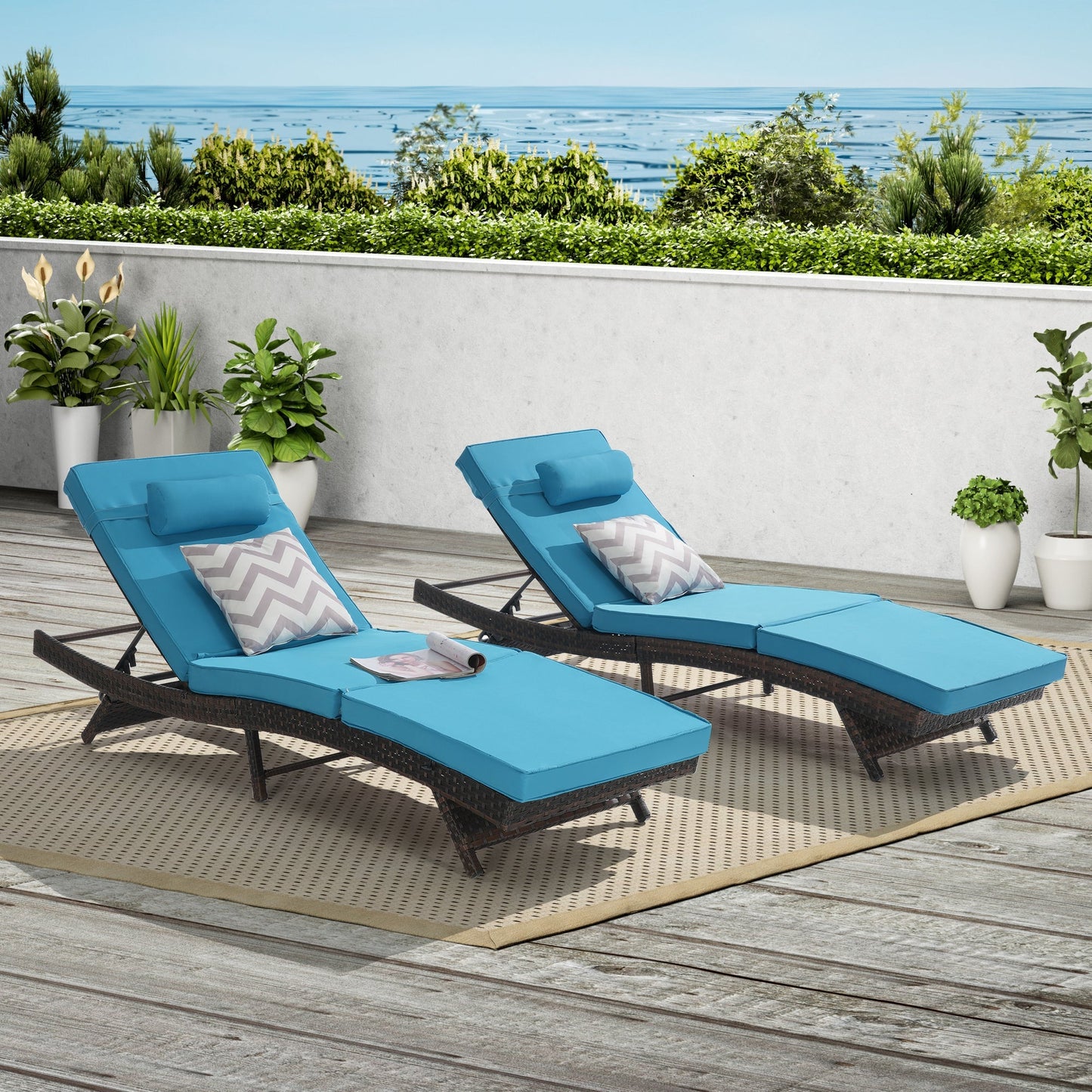 Outdoor wicker reclining chairs set of 2 with turquoise blue cushions by HouseOfZazla on Tampa Home & Garden Store