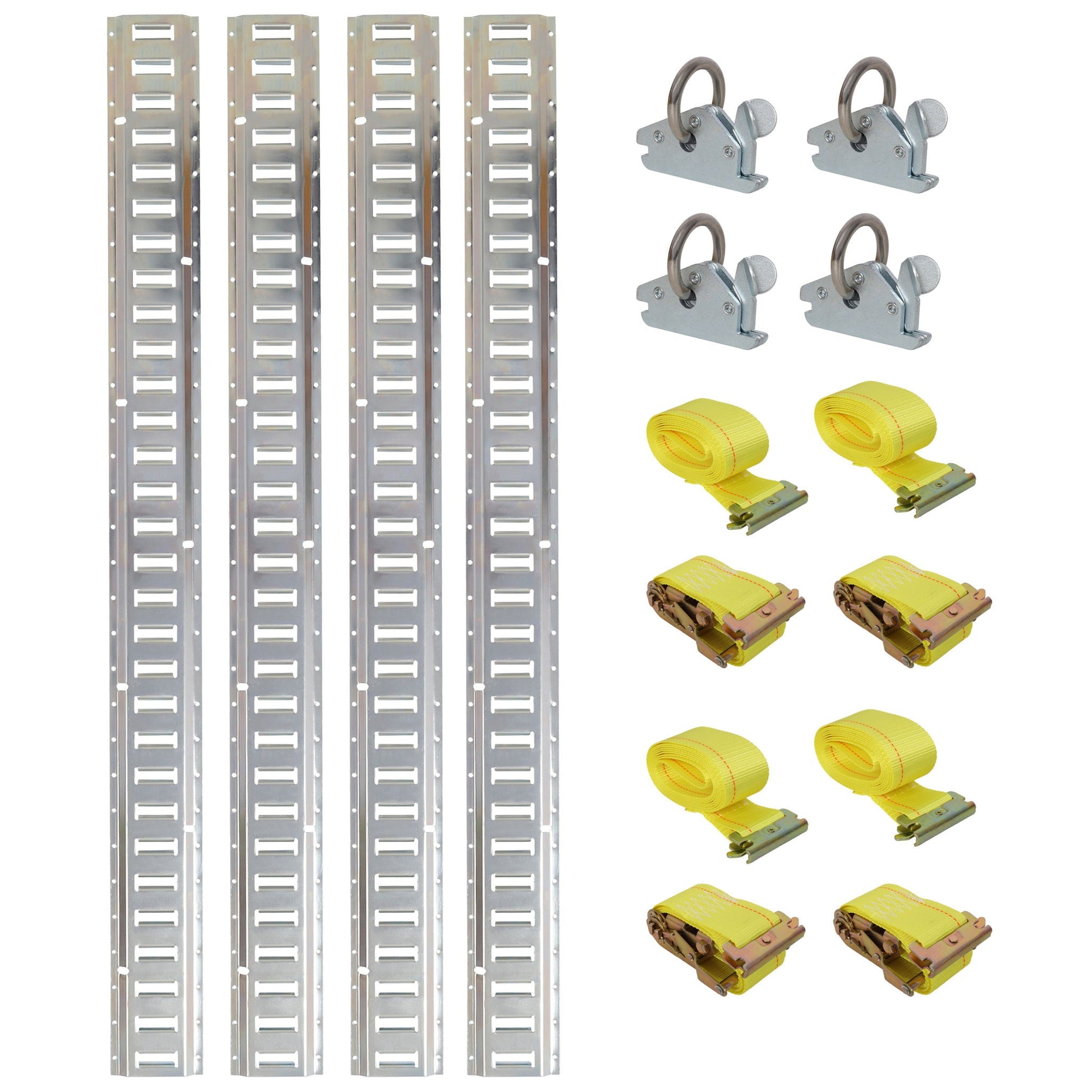 E-Track Tie-Down Rail Kit with four rails and four ratchet tie-downs and yellow straps on Tampa Home & Garden Store