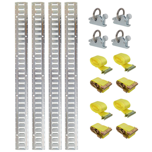 E-Track Tie-Down Rail Kit with four rails and four ratchet tie-downs and yellow straps on Tampa Home & Garden Store