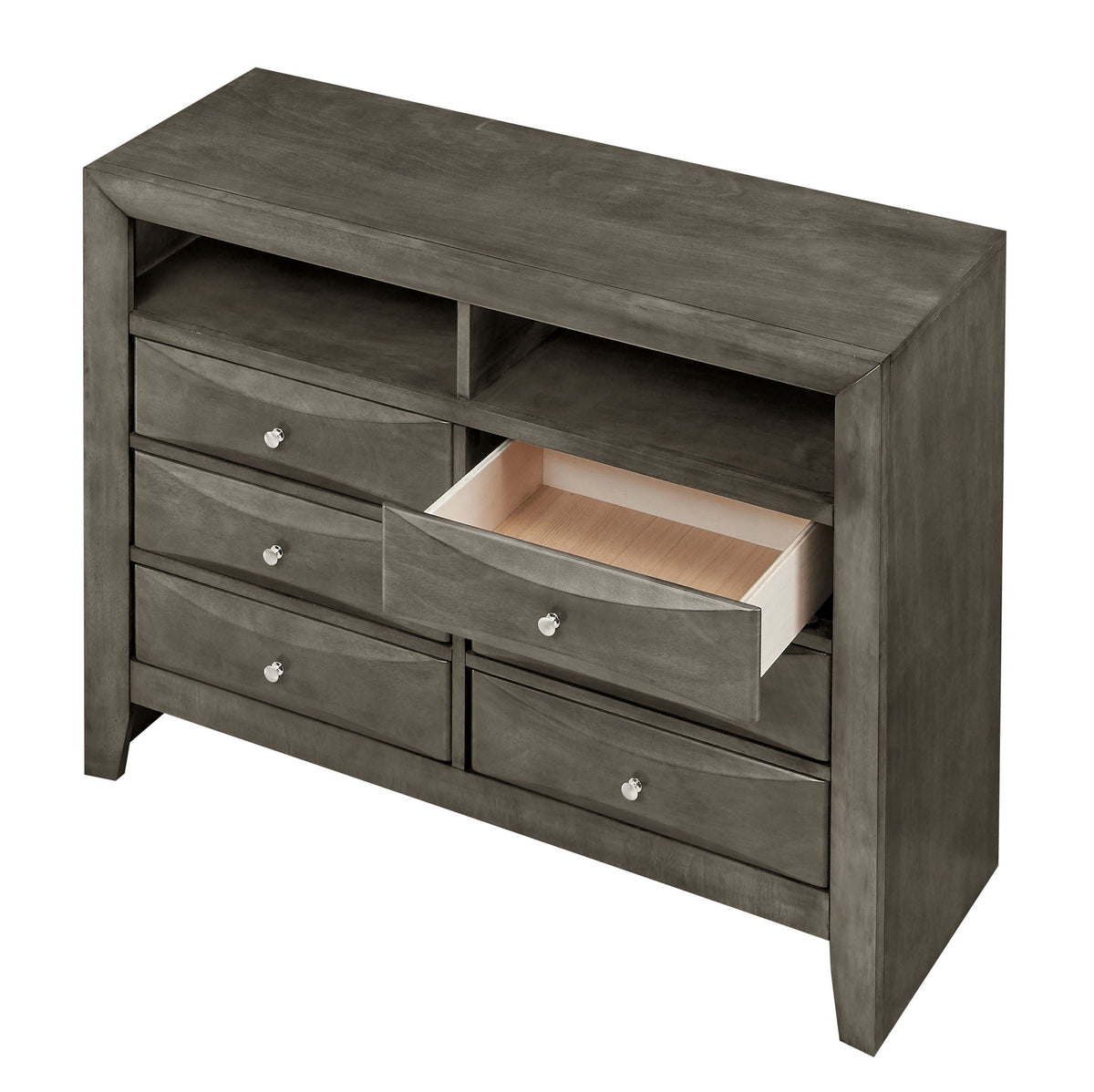 Media Chest with modern beveled drawer fronts in dark gray finish with open shelf and multiple drawers on Tampa Home & Garden Store