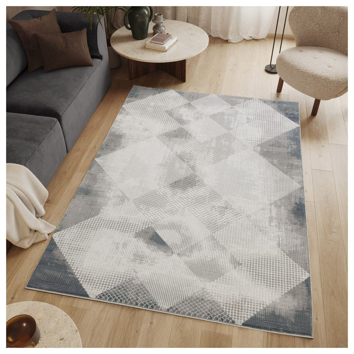 Geometric 3D Area Rug Layered Texture Gray Ivory by HouseOfZazla on light wood floor living room on Tampa Home & Garden Store