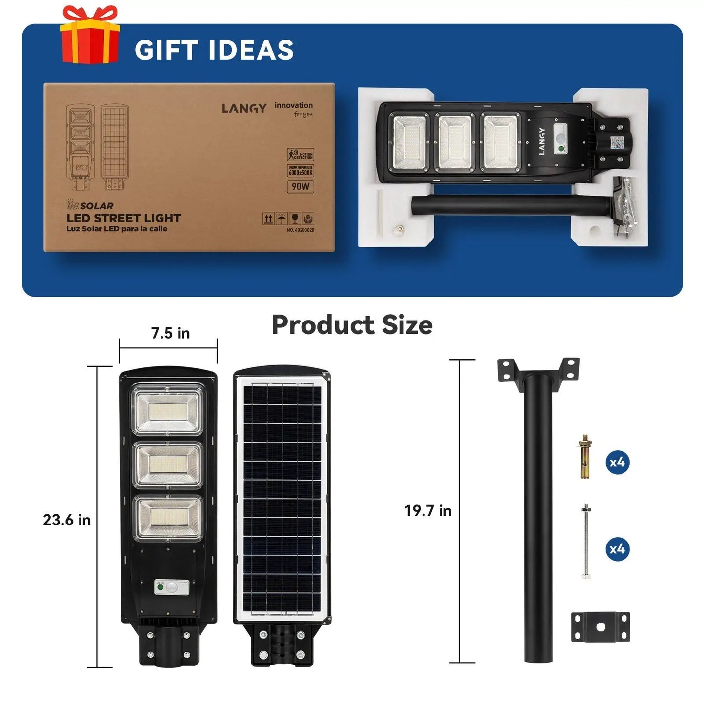Langy Solar Hunting Light with black 3-panel LED and mounting pole in boxed kit for hog/deer on Tampa Home & Garden Store