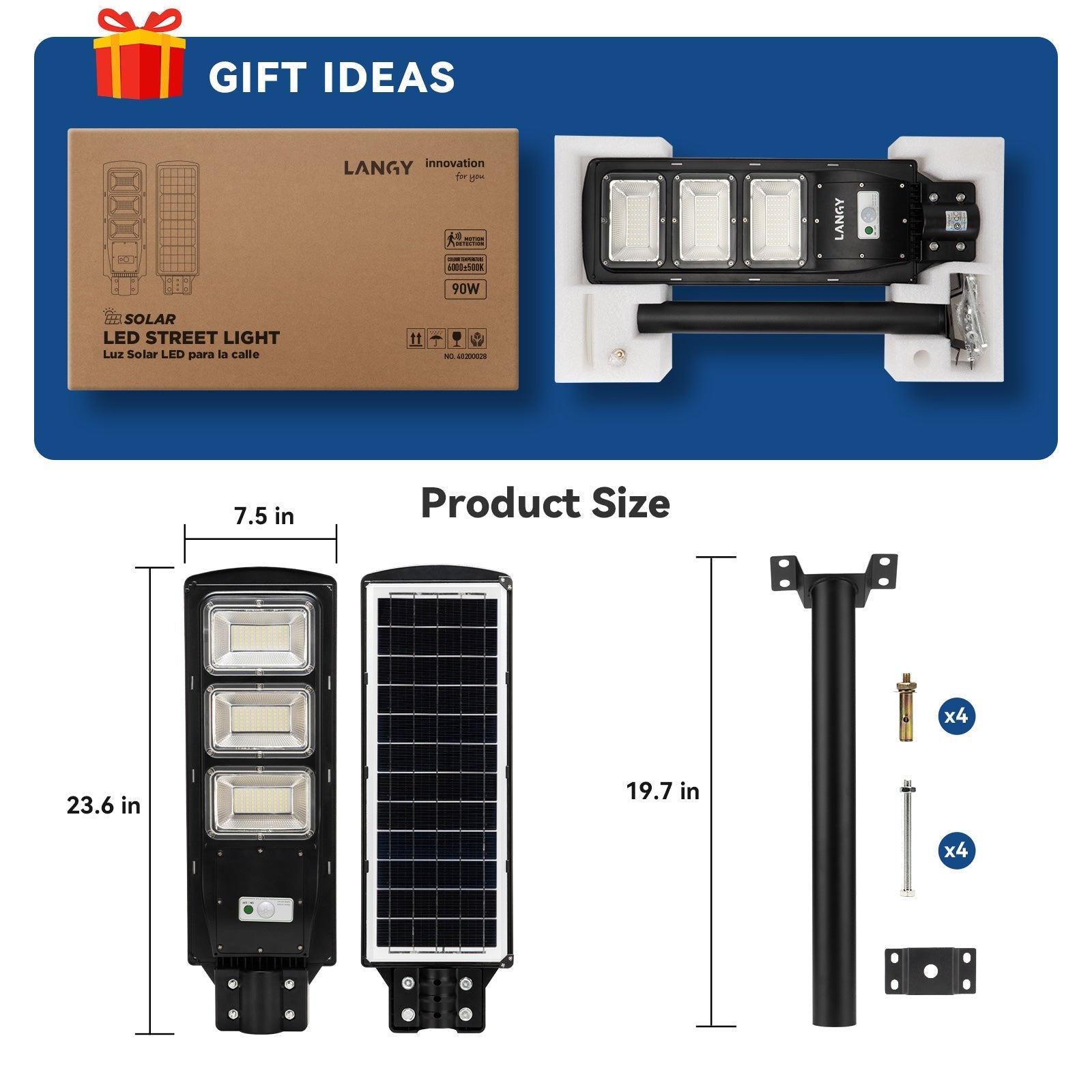 Langy Solar Hunting Light with black 3-panel LED and mounting pole in boxed kit for hog/deer on Tampa Home & Garden Store