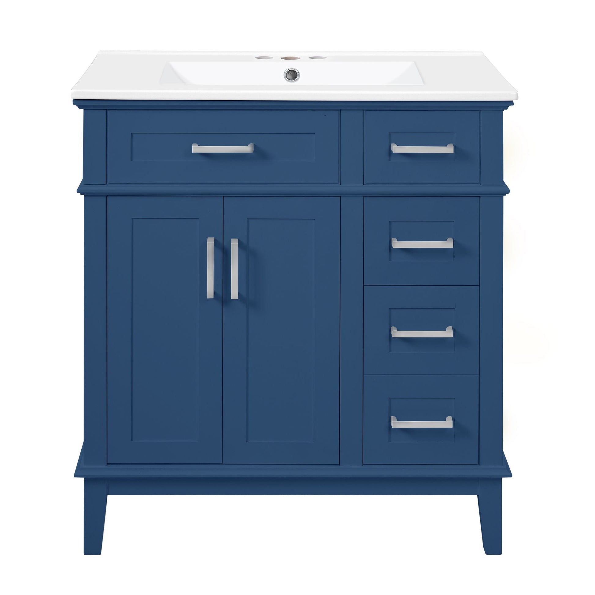 Modern blue bathroom vanity with sink, storage drawers and soft-close doors on Tampa Home & Garden Store