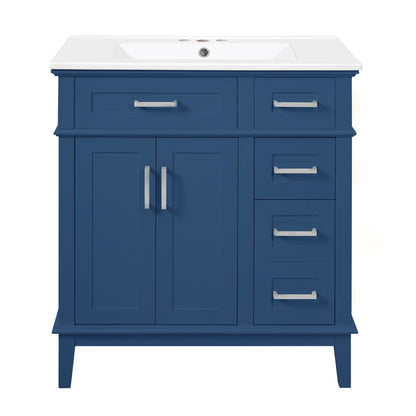 Modern blue bathroom vanity with sink, storage drawers and soft-close doors on Tampa Home & Garden Store