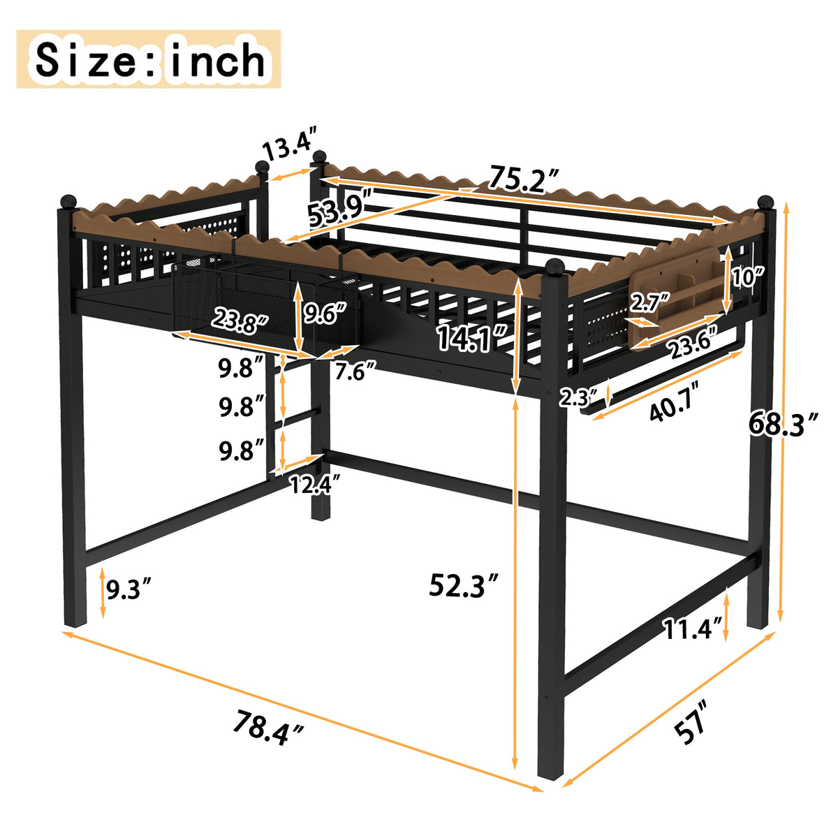 Full Size Loft Bed with Ladders and Storage Shelves by HouseOfZazla, black metal frame on Tampa Home & Garden Store