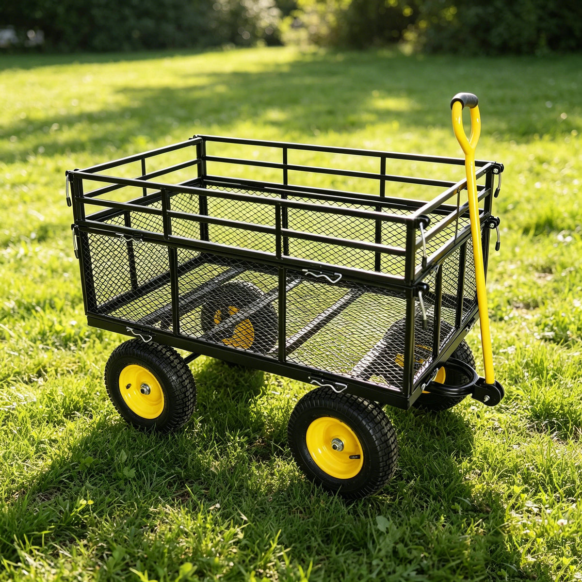 Wagon cart garden cart in yellow and black with metal frame and mesh basket four wheels on Tampa Home & Garden Store