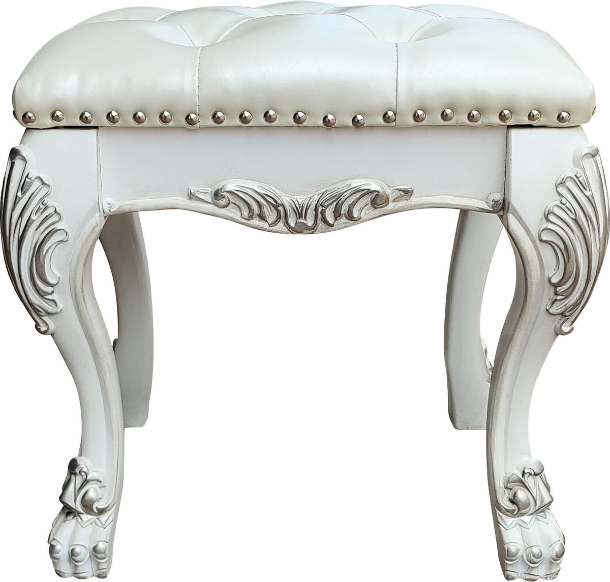 Bone white vanity stool with foam-padded PU leather seat and carved legs HouseOfZazla on Tampa Home & Garden Store
