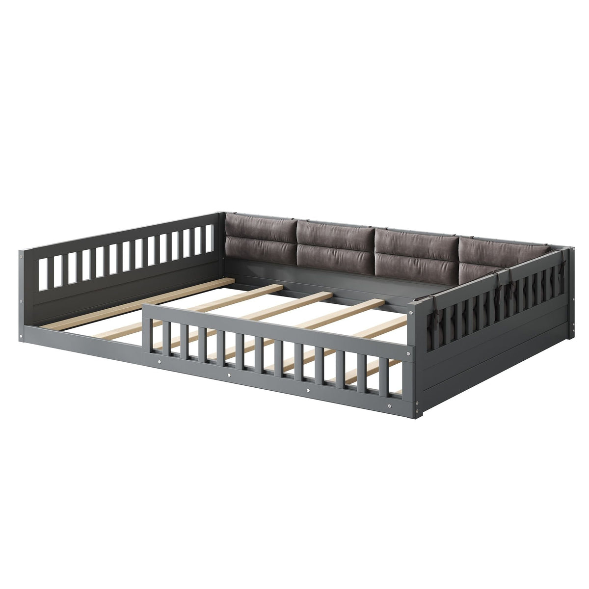 Upholstered platform bed with guardrails, dark gray frame and tufted gray pillows HouseOfZazla on Tampa Home & Garden Store