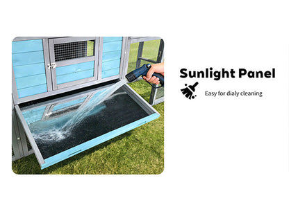 141-inch blue wooden chicken coop with nesting box, wire fence, and pull-out cleaning tray on Tampa Home & Garden Store