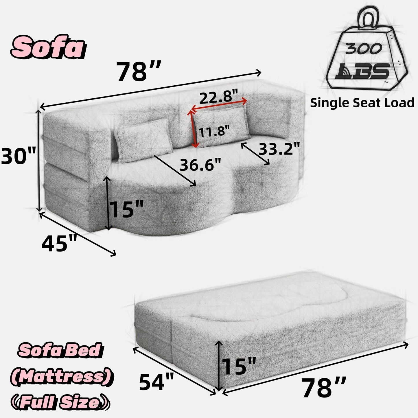 Floor convertible sleeper sofa bed with 2 pillows by HouseOfZazla, gray full-size futon sofa on Tampa Home & Garden Store