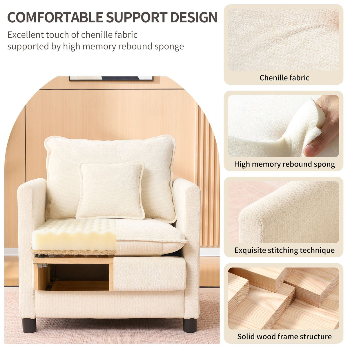 Modern Reading Armchair HouseOfZazla, beige chenille fabric, high memory rebound sponge cushions on Tampa Home & Garden Store