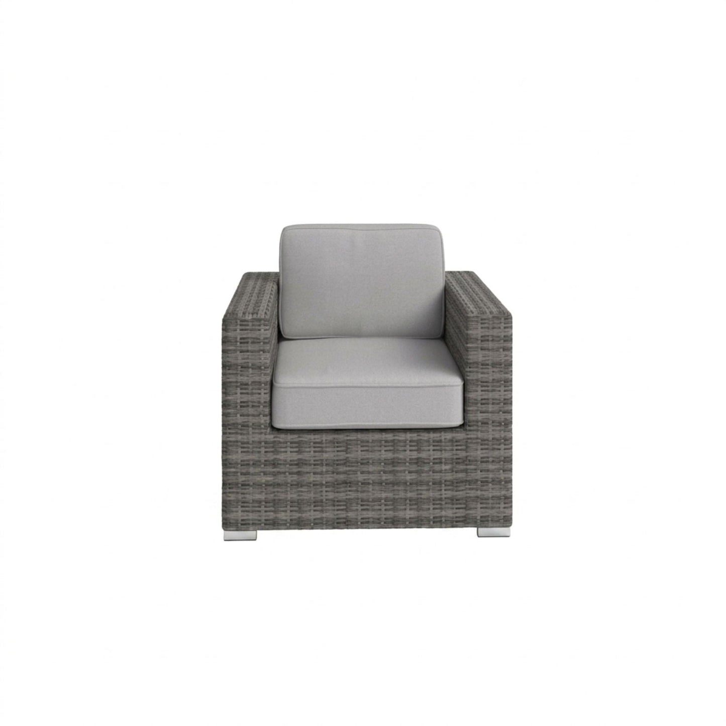 Minnesota Club Chair, outdoor wicker arm chair with grey cushions and dark woven frame on Tampa Home & Garden Store