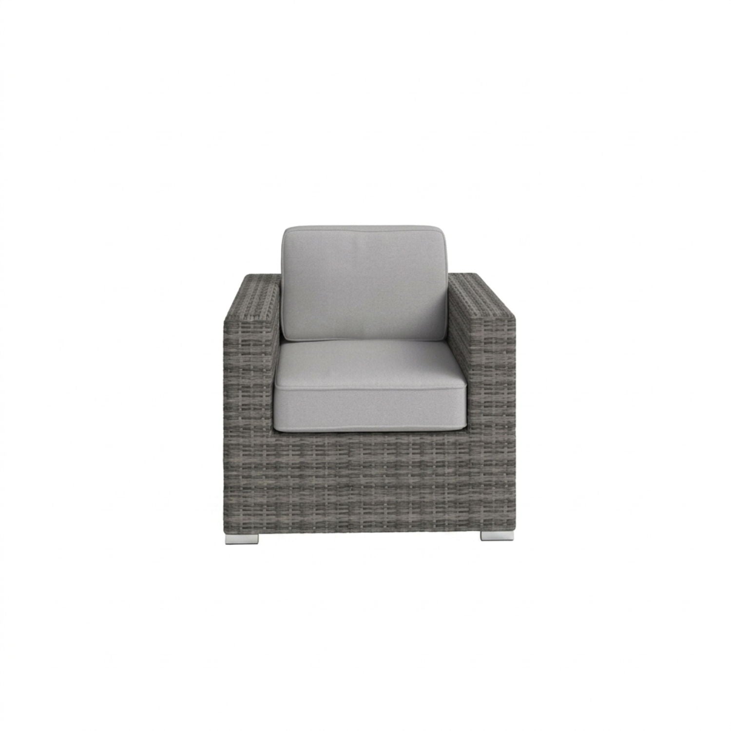 Minnesota Club Chair, outdoor wicker arm chair with grey cushions and dark woven frame on Tampa Home & Garden Store