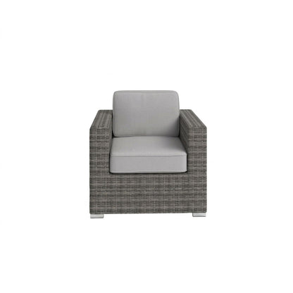 Minnesota Club Chair, outdoor wicker arm chair with grey cushions and dark woven frame on Tampa Home & Garden Store