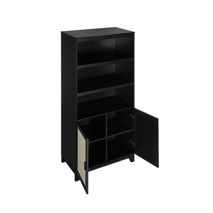 Sheridan Bookcase Cabinet with Modern Cane, black finish, 7 shelves and bottom cabinet by HouseOfZazla on Tampa Home & Garden Store