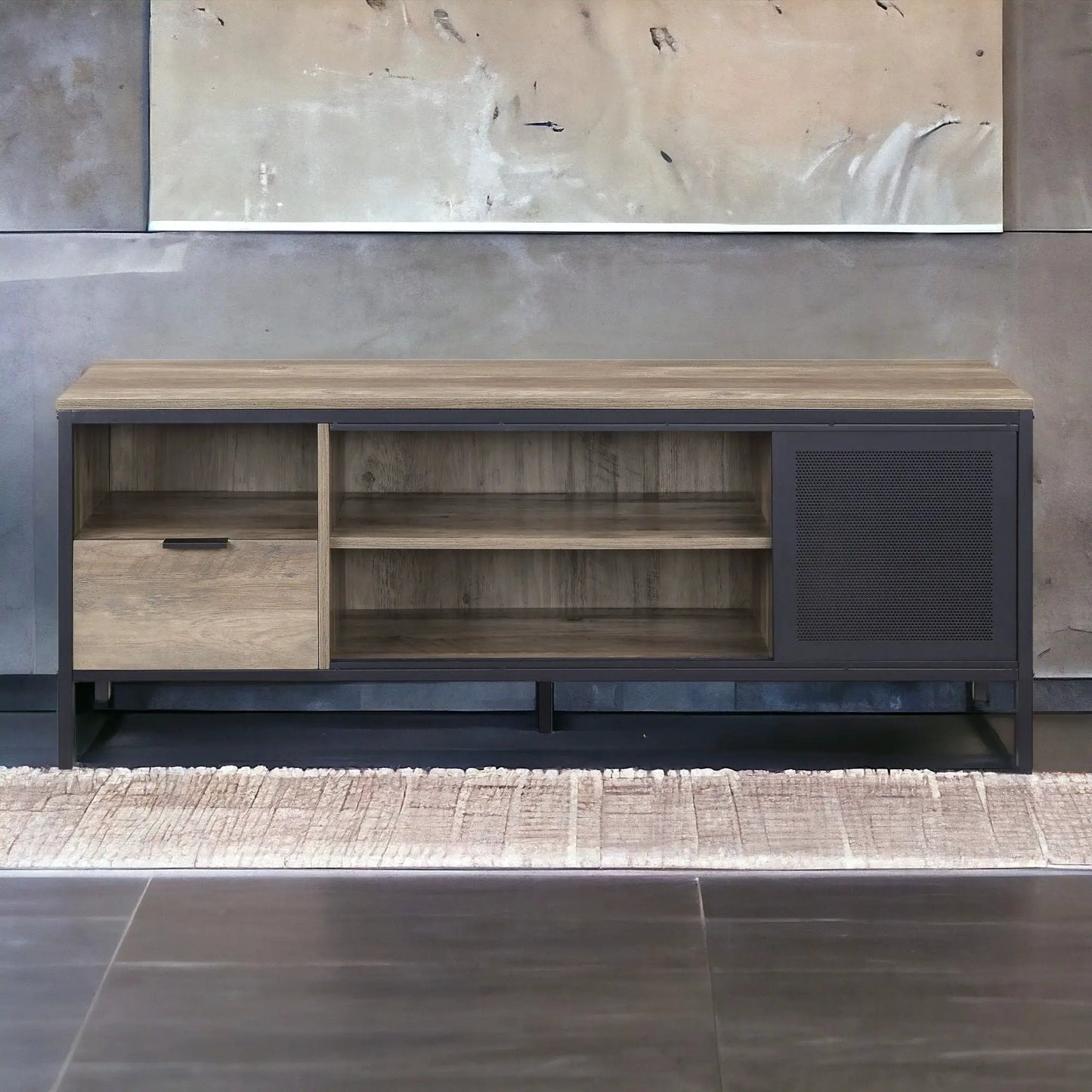 Nantan Rustic TV Stand Unique Piece Furniture; dark metal frame, wood top, open shelves on Tampa Home & Garden Store