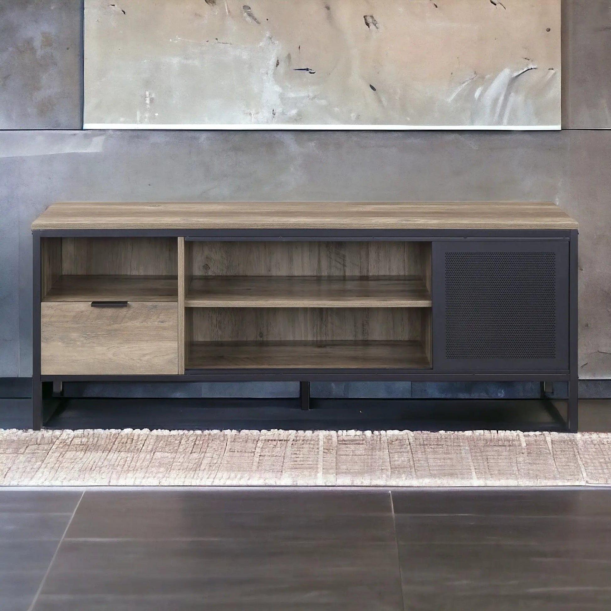 Nantan Rustic TV Stand Unique Piece Furniture; dark metal frame, wood top, open shelves on Tampa Home & Garden Store