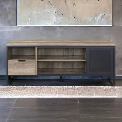 Nantan Rustic TV Stand Unique Piece Furniture; dark metal frame, wood top, open shelves on Tampa Home & Garden Store