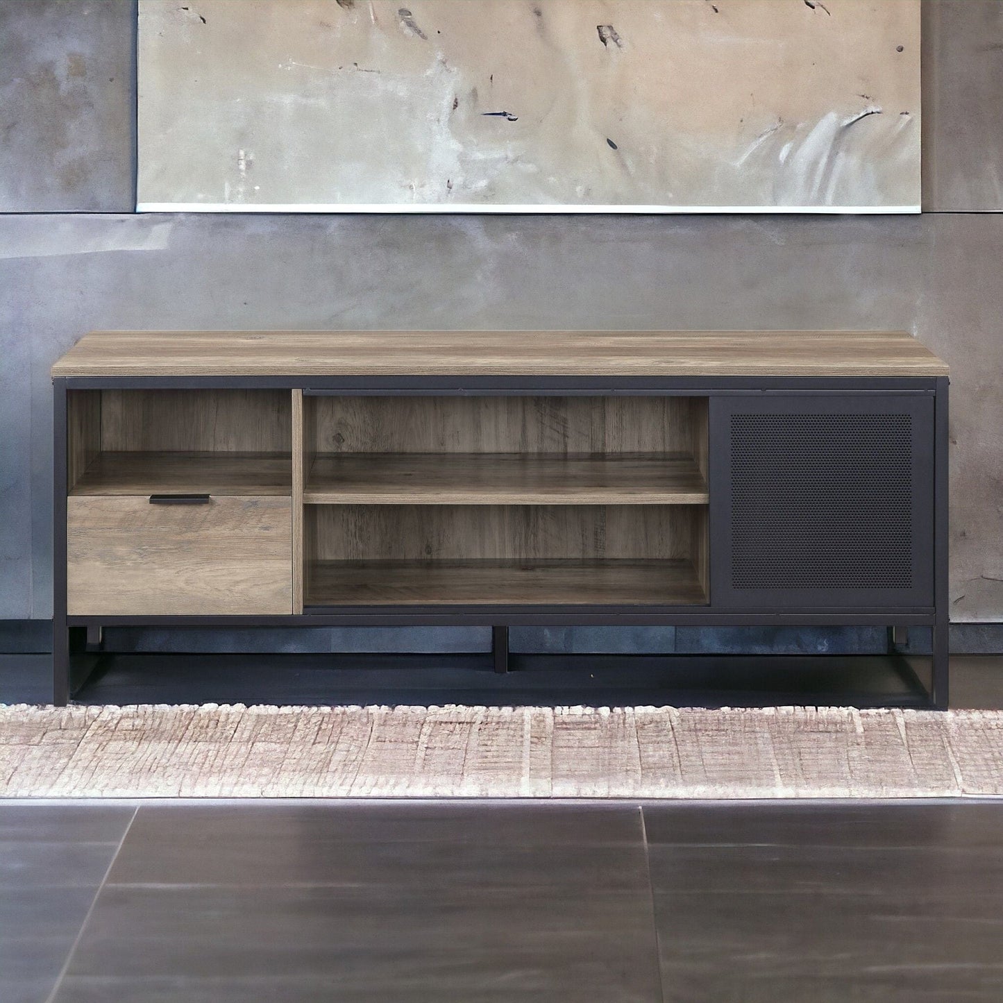 Nantan Rustic TV Stand by HouseOfZazla with wood top, dark metal frame, open shelves on Tampa Home & Garden Store
