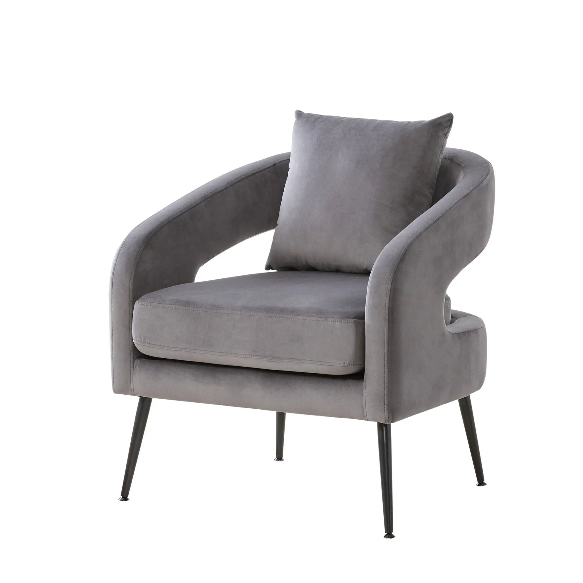 Open Back Accent Chair gray velvet arm chair with curved arms and black legs on Tampa Home & Garden Store