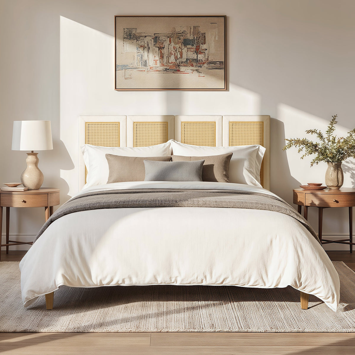Toscana Queen Upholstered Cane-Back Platform Bed by HouseOfZazla, beige fabric and cane panels on Tampa Home & Garden Store