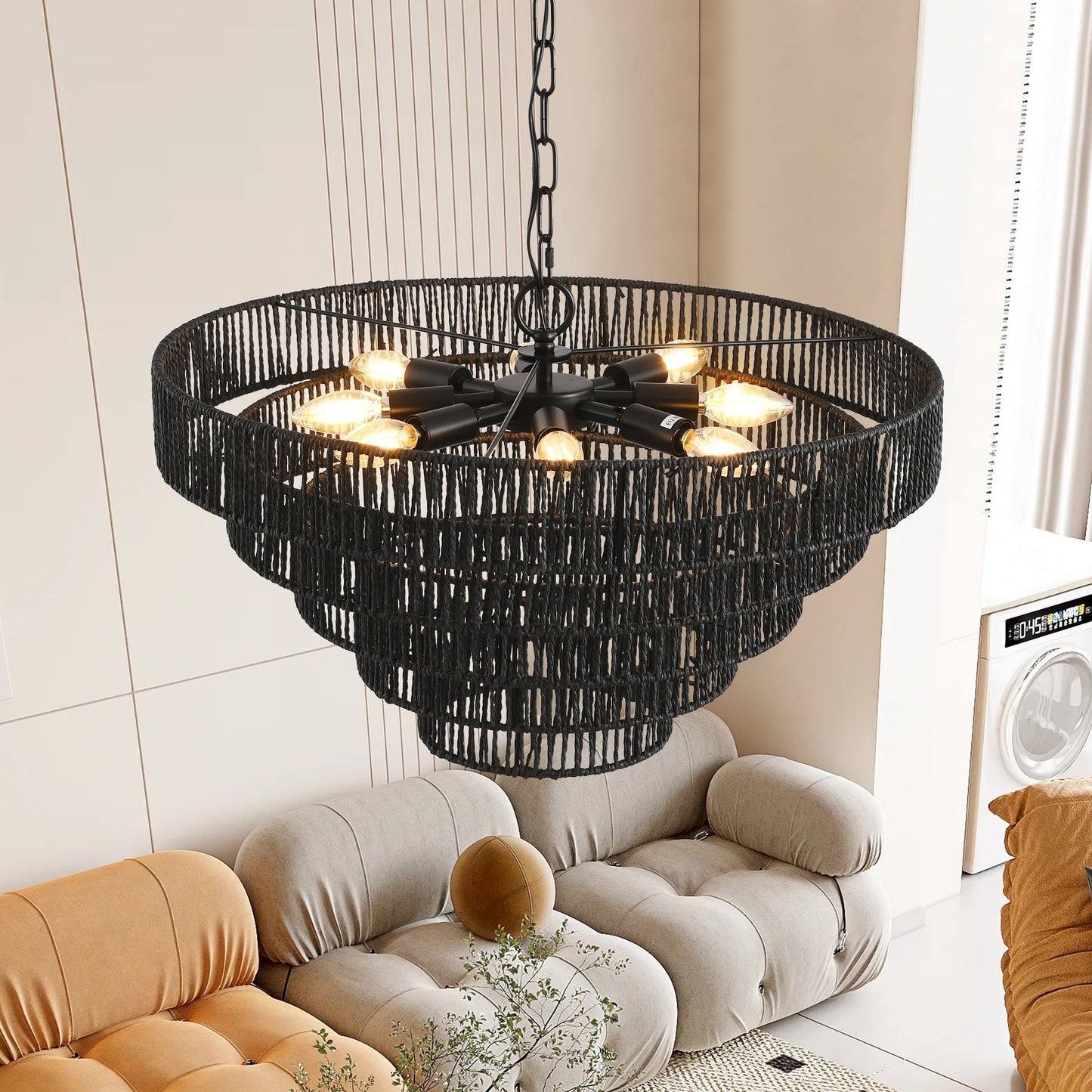 Chandelier 24in rustic black hemp rope 5-tier pendant on Tampa Home & Garden Store