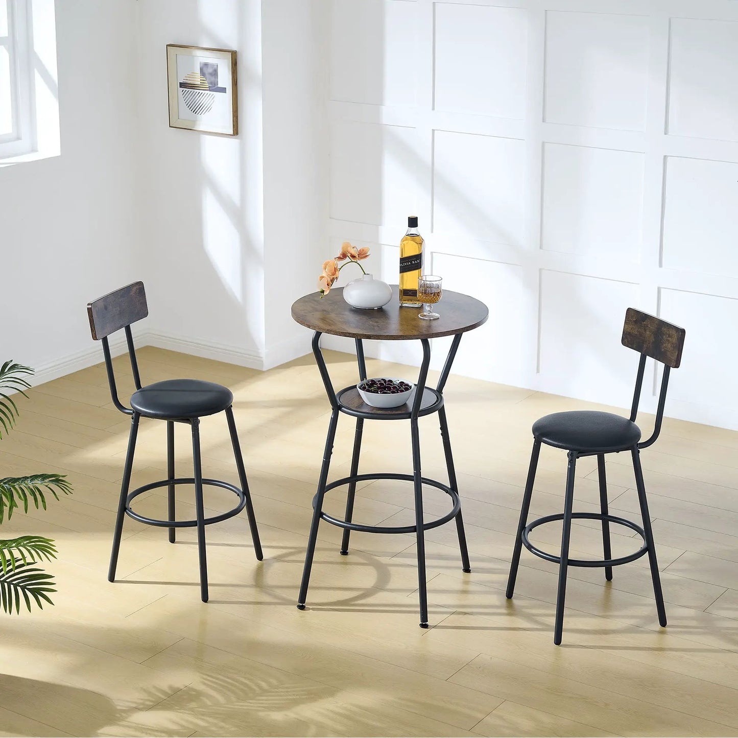 Rustic Brown Bar Table and Stool Set with Shelf