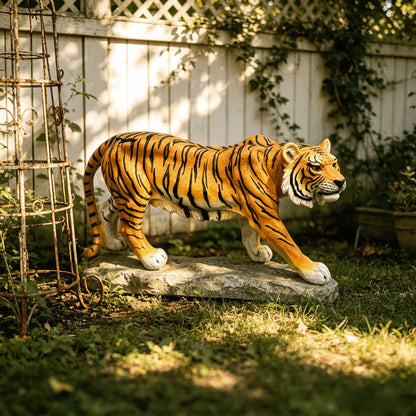 Simulated Tiger Resin Garden Statue, orange with bold black stripes, HouseOfZazla outdoor decor on Tampa Home & Garden Store