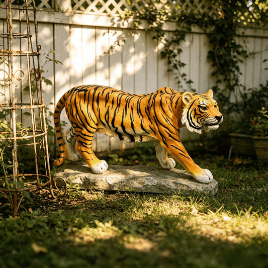 Simulated Tiger Resin Garden Statue, orange with bold black stripes, HouseOfZazla outdoor decor on Tampa Home & Garden Store